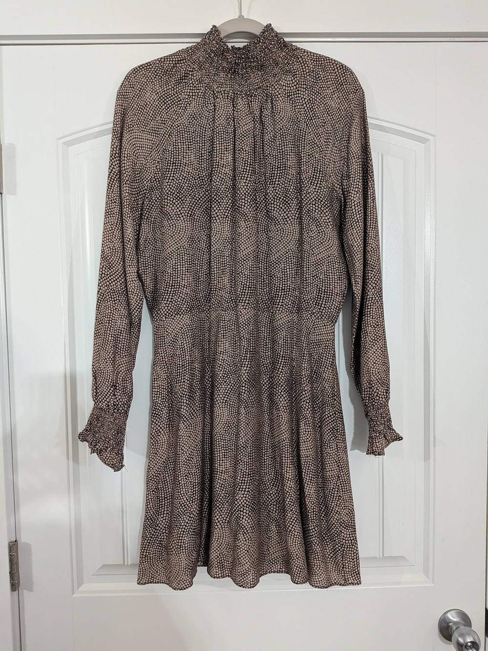Caballero High Smocked Neck Silk Blend Long-Sleeve Polka Dot Mini Dress